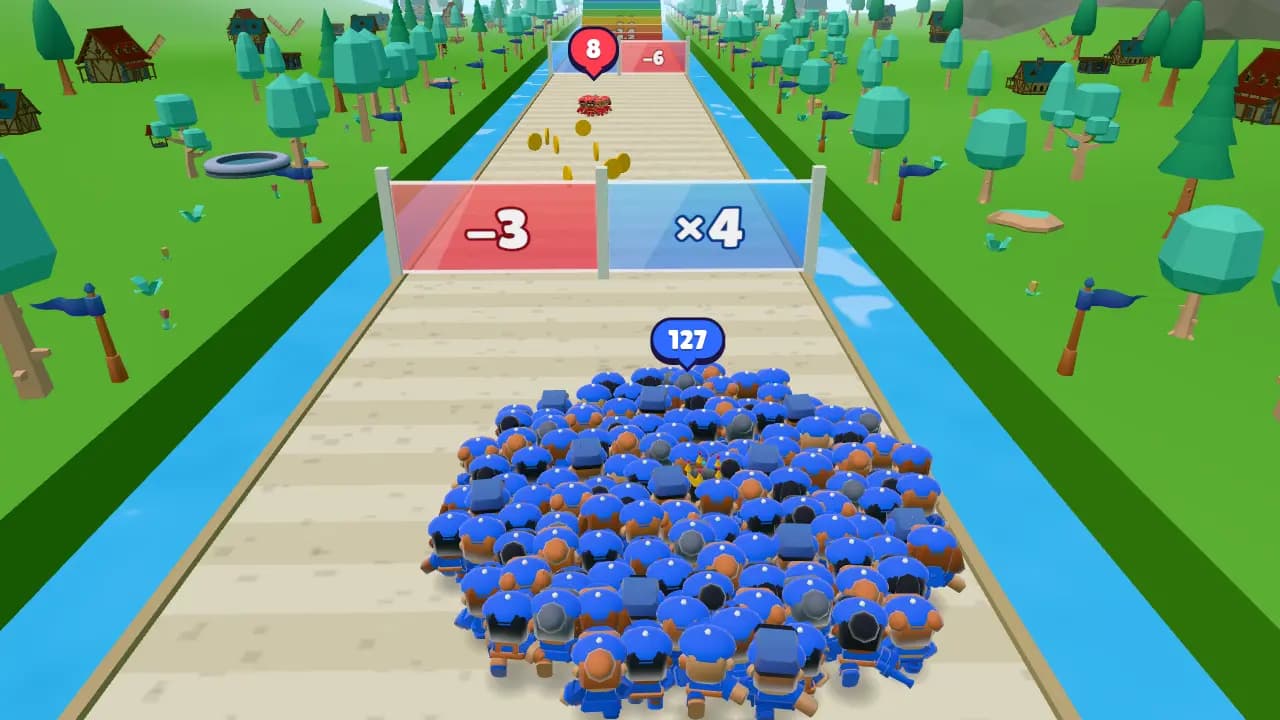 A crowd of 127 blue runners heading for a −3 and a ×4 gate in the free crowd runner game Crowdalot