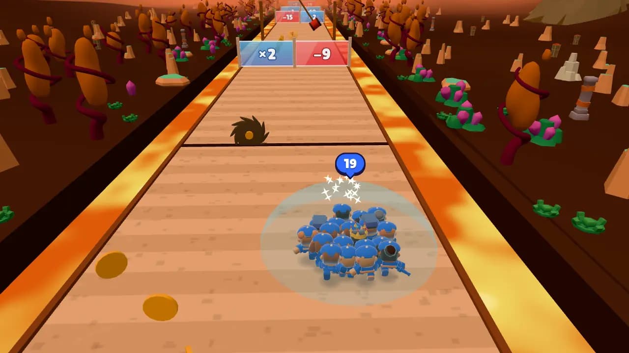 A crowd with a shield power-up passing a saw blade on a track over the lava in Lava Lands