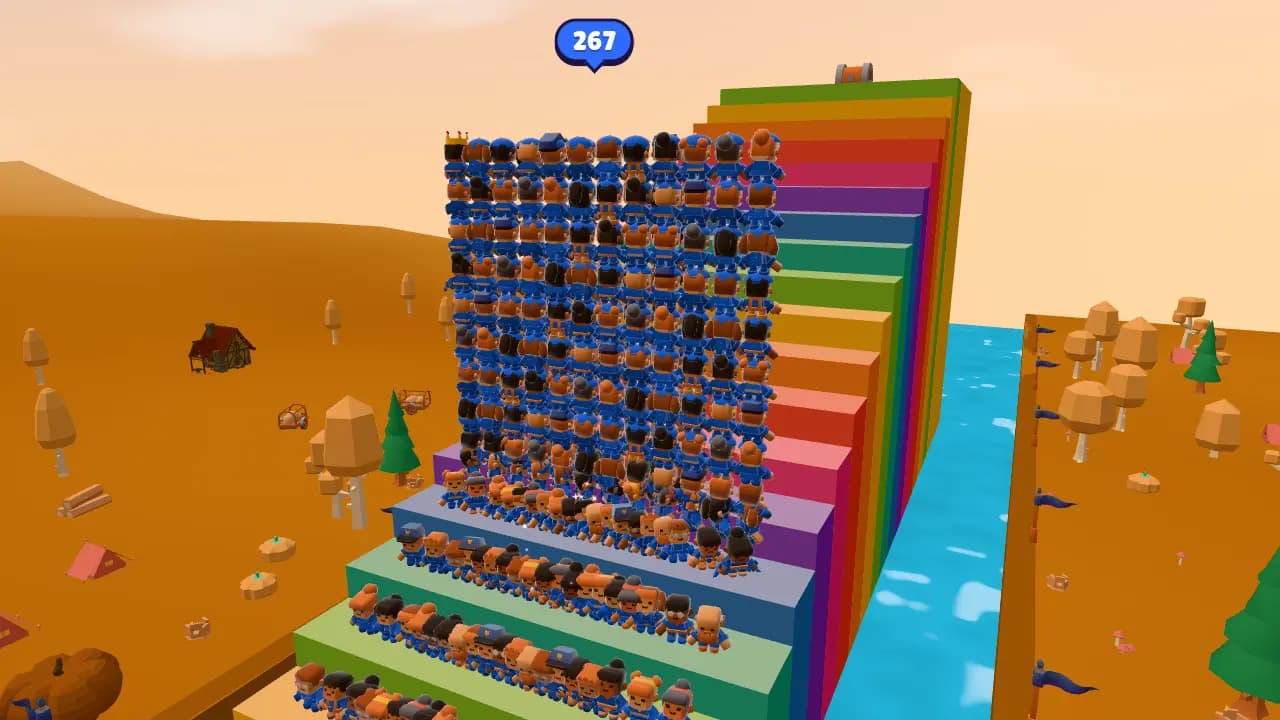 A human tower of 267 runners climbing the rainbow multiplier stairs in the autumn woods