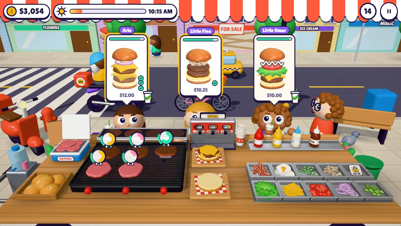 Five patties on the grill with green cooking rings while three customers wait in Grillionaire