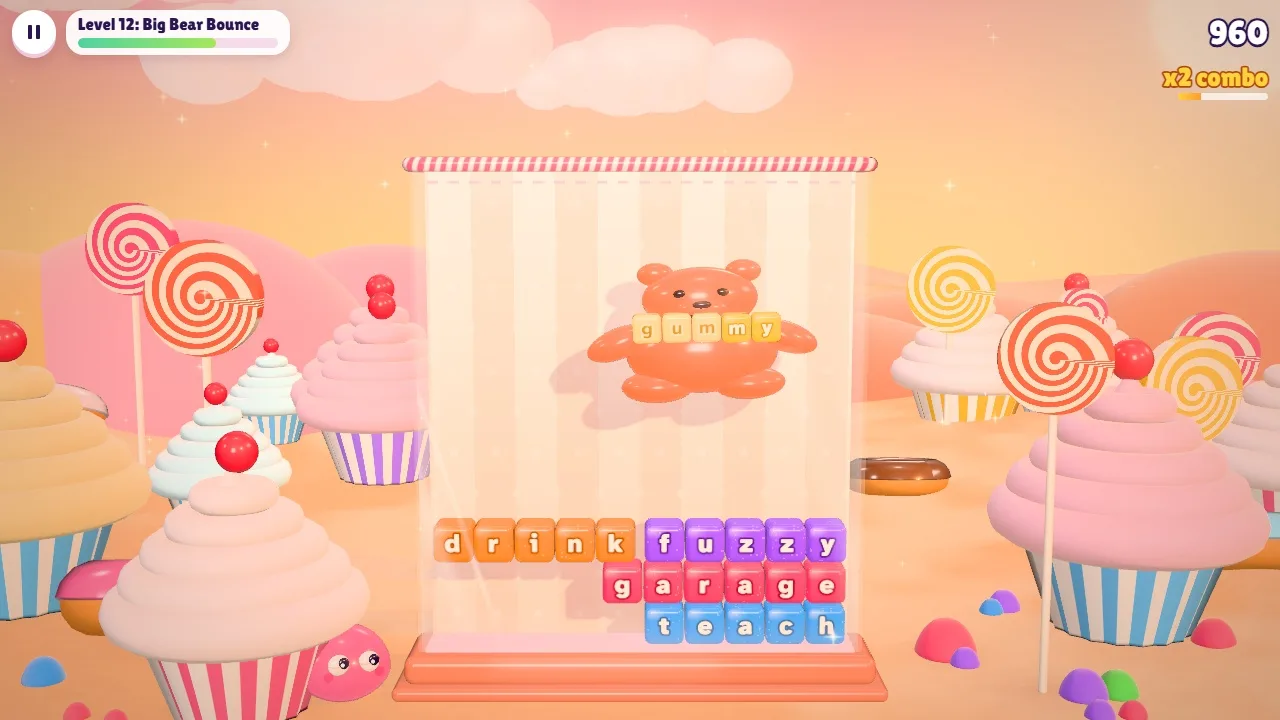 A giant orange Gummy Bear holding a word above a pile of jelly words at sunset in Cupcake Hills