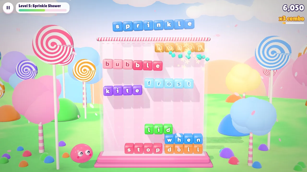 Words on colourful jelly cubes falling into a glass jar in a candy land with lollipops, in the falling words typing game Gummylanche