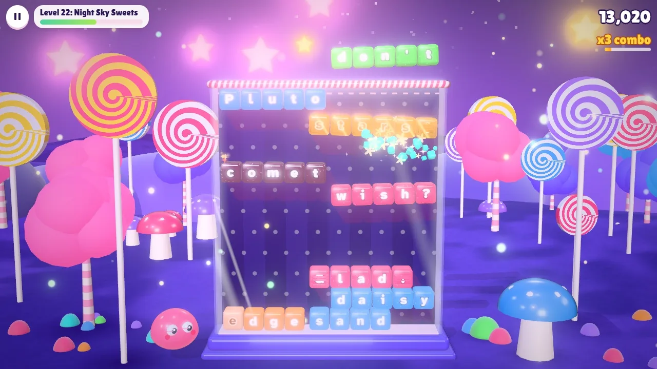 Jelly words with punctuation glowing in the jar on a starry night with glowing lollipops