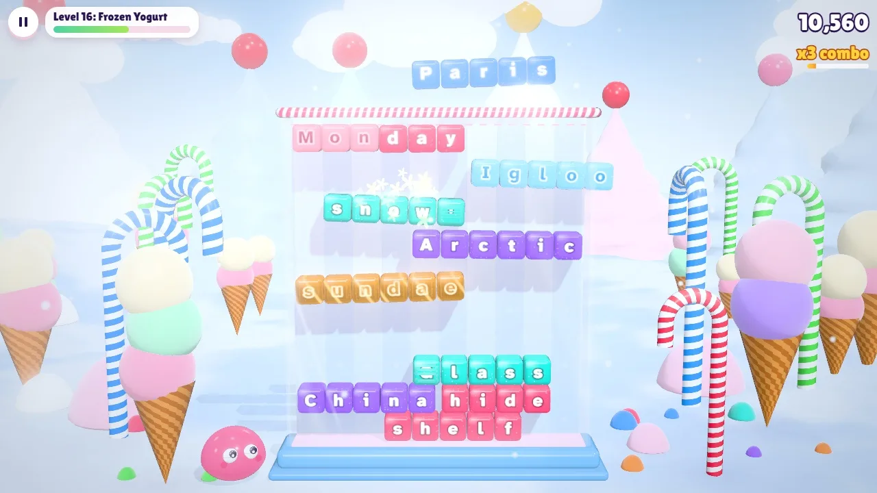 Words with capital letters stacked in the jar among ice cream cones and candy canes in Sundae Peaks