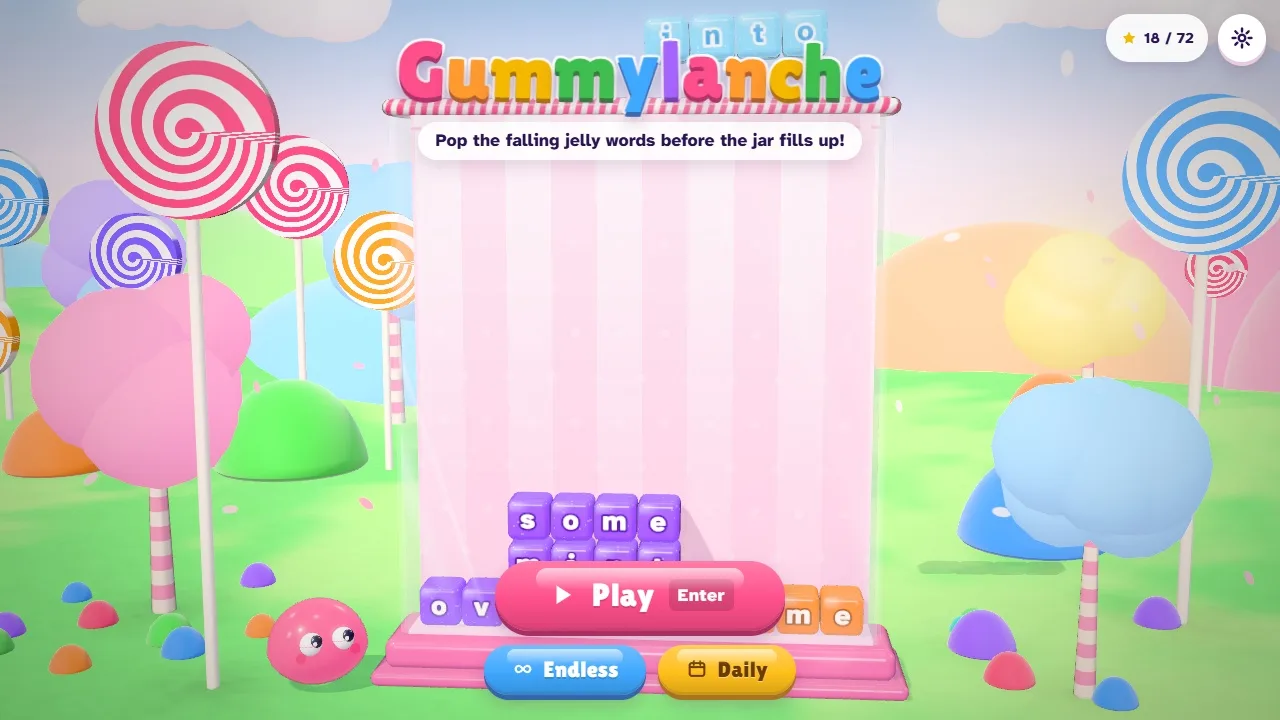 The Gummylanche title screen with the jelly mascot Jiggles beside the candy jar