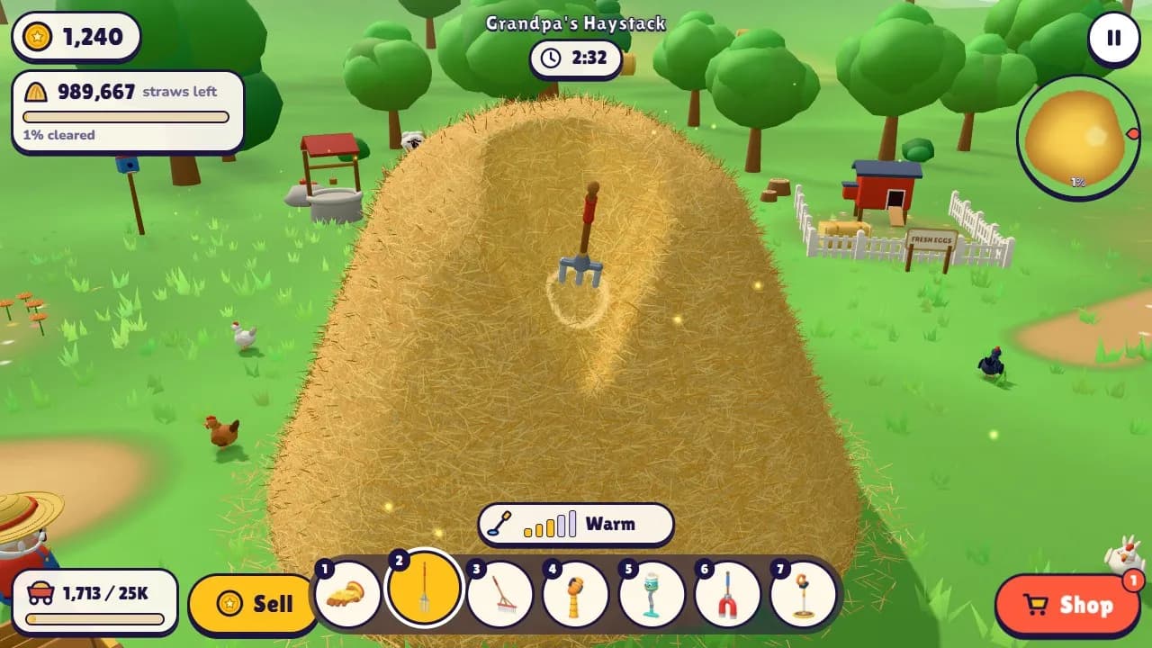 Digging a hole into Grandpa's giant haystack with a pitchfork in Haystacker