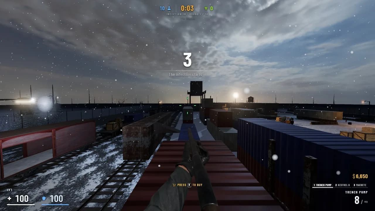 Three seconds before the infection: standing on the container stacks over the snowy rail yard in Hordefall