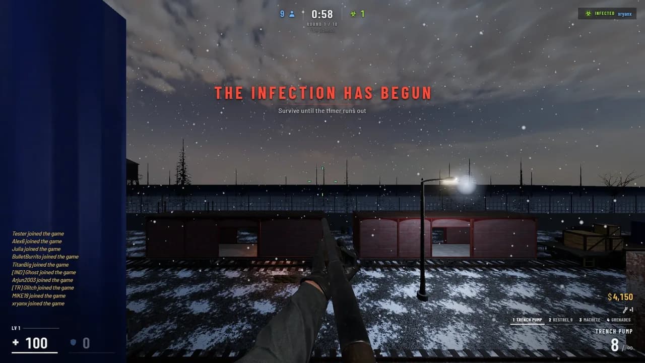 The infection has begun: holding a pump shotgun over the boxcars in the rail yard at night