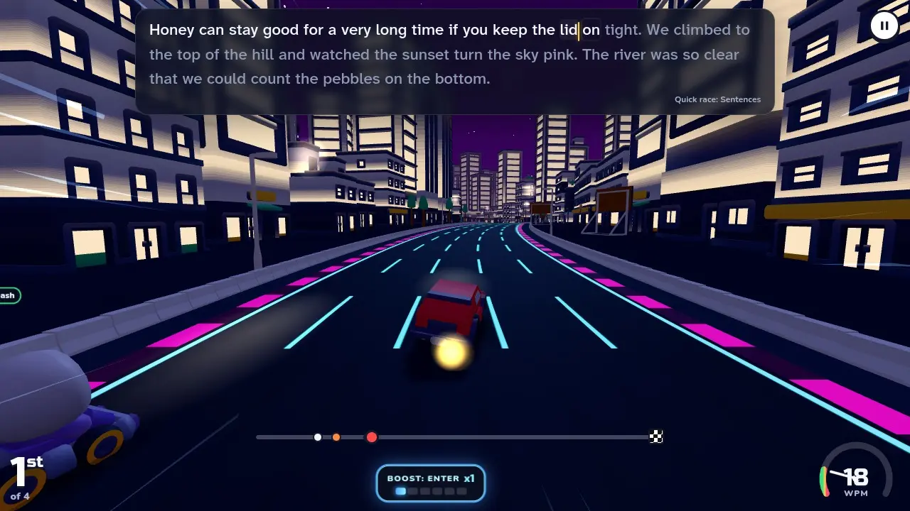 Racing through Neon City at night on a glowing road while typing a sentence