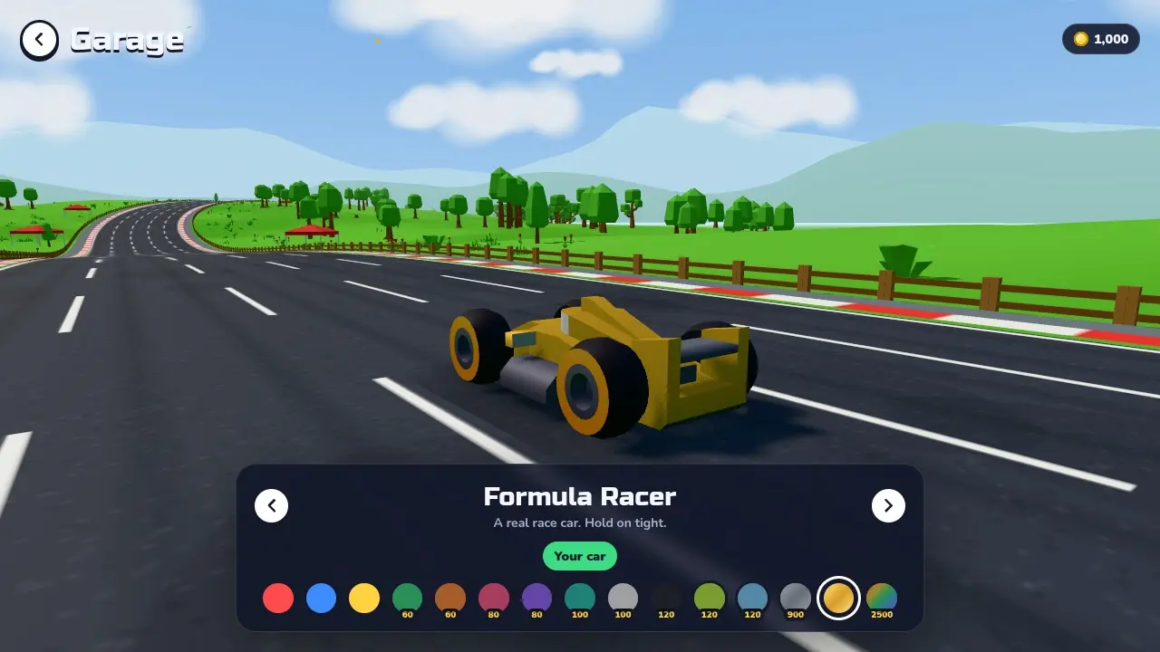 The garage with a gold Formula Racer and the paint colours to unlock