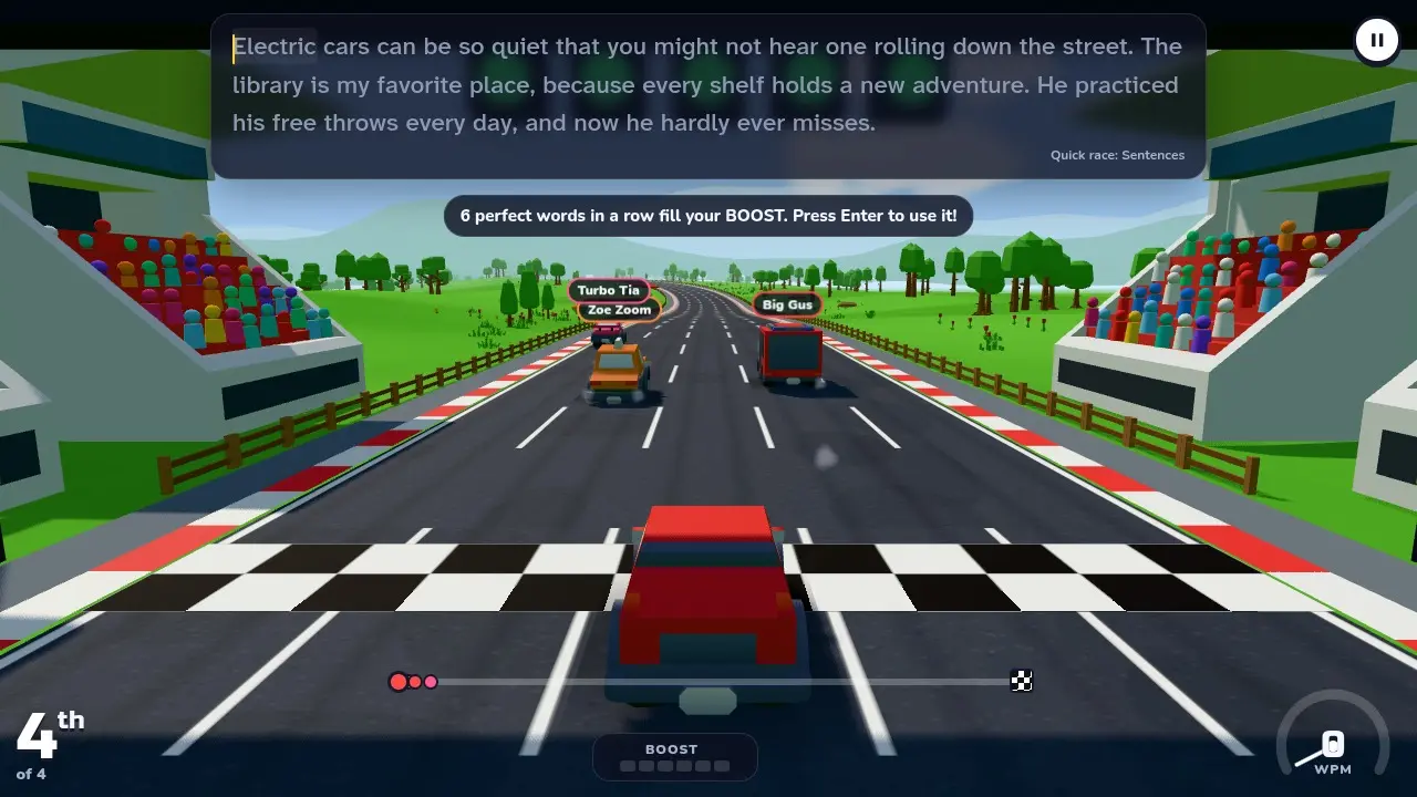 The start of a race in the typing race game Keytona: cars leave the grid past a cheering crowd while the text to type sits at the top