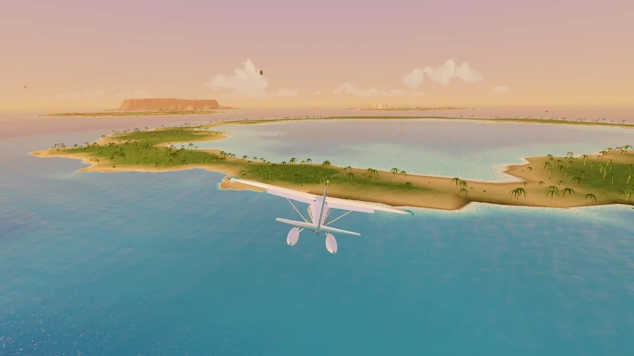 A floatplane flying over a sandy atoll with palm trees and a calm lagoon in the golden evening light