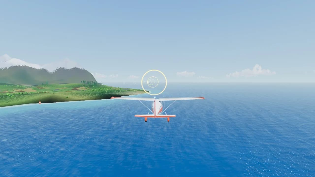 The green aim ring over a blue sea as a small plane heads for the airstrip on a hilly island