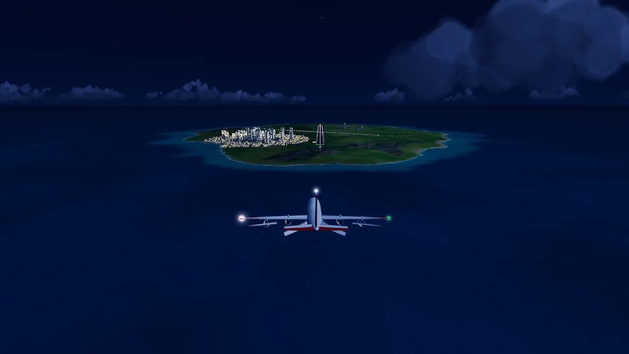 A jumbo jet at night with its lights on, heading for the glowing city and runway of Grand Isle