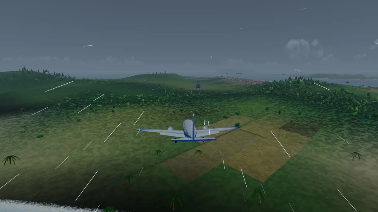 A twin-engine plane flying through streaks of rain over dark farmland in a storm