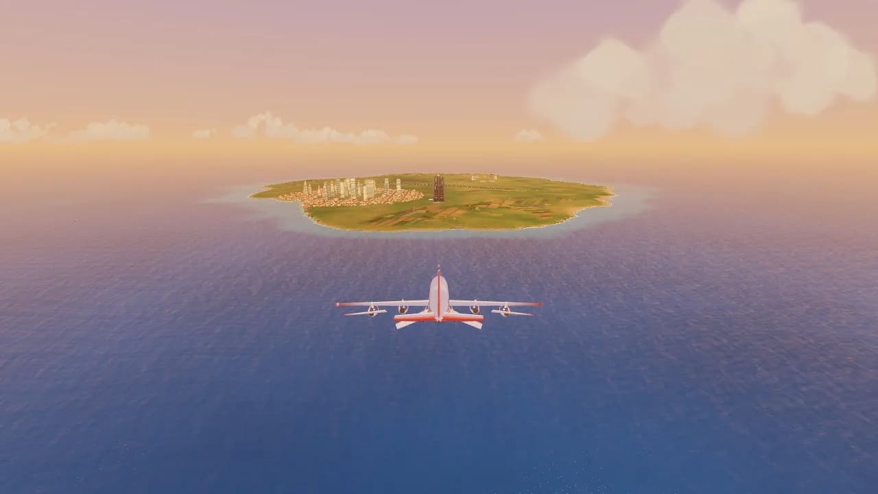 A jumbo jet lining up with the city island of Grand Isle at sunset