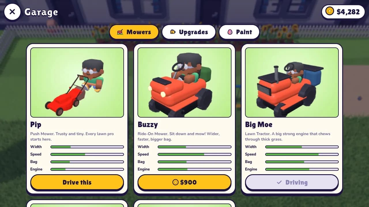 The garage: the push mower, Buzzy the ride-on mower and Big Moe the lawn tractor with their stats and prices
