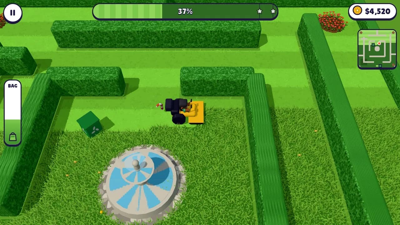 A zero-turn mower in the royal hedge maze, with the fountain in the middle
