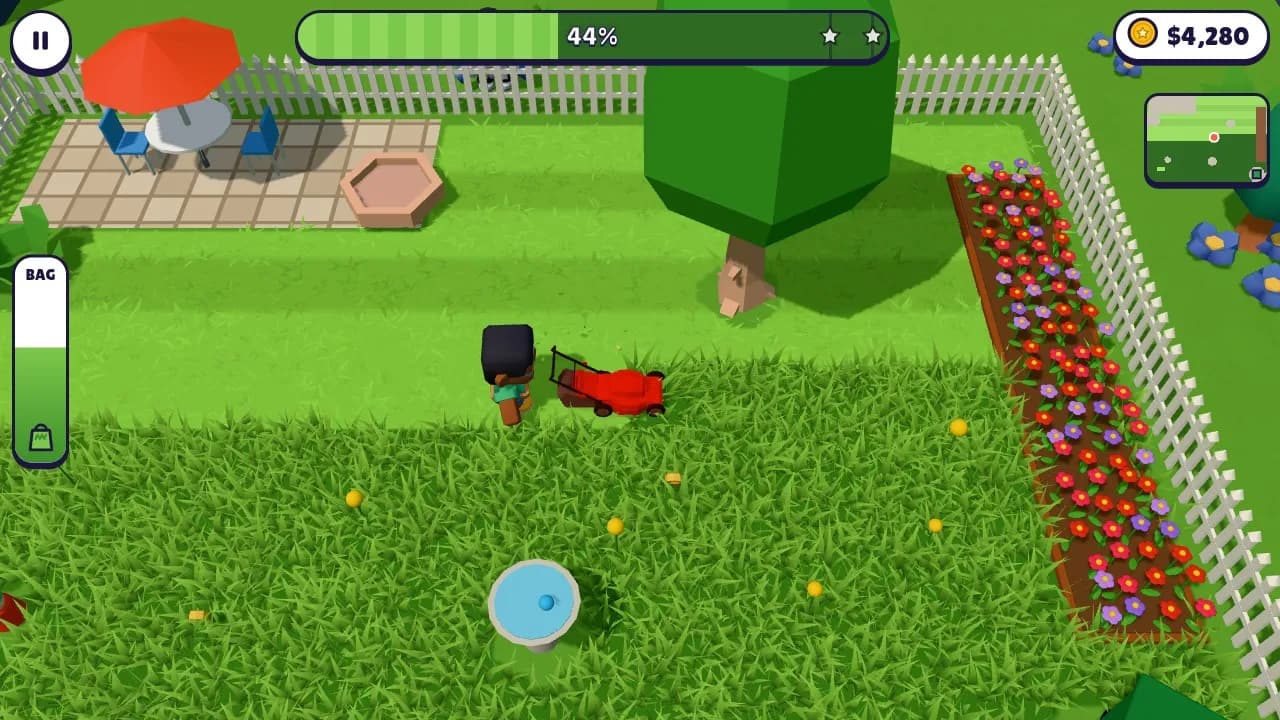 A push mower cutting stripes into Grandma Rosie's backyard next to a flower bed in the free lawn mowing game Mowtopia