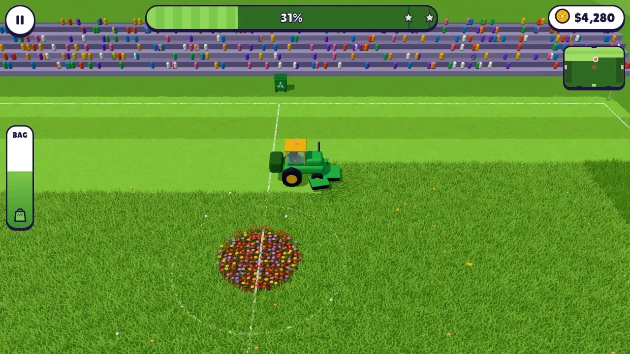 Mowzilla, the three-deck mega mower, mowing the Grand Stadium pitch in front of the crowd