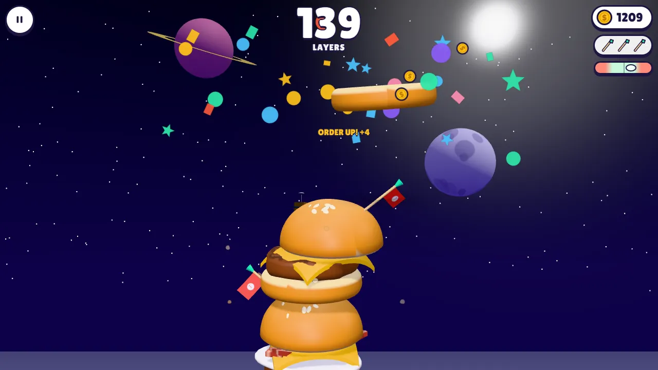 A 139-layer burger tower in outer space, next to the moon and a ringed planet