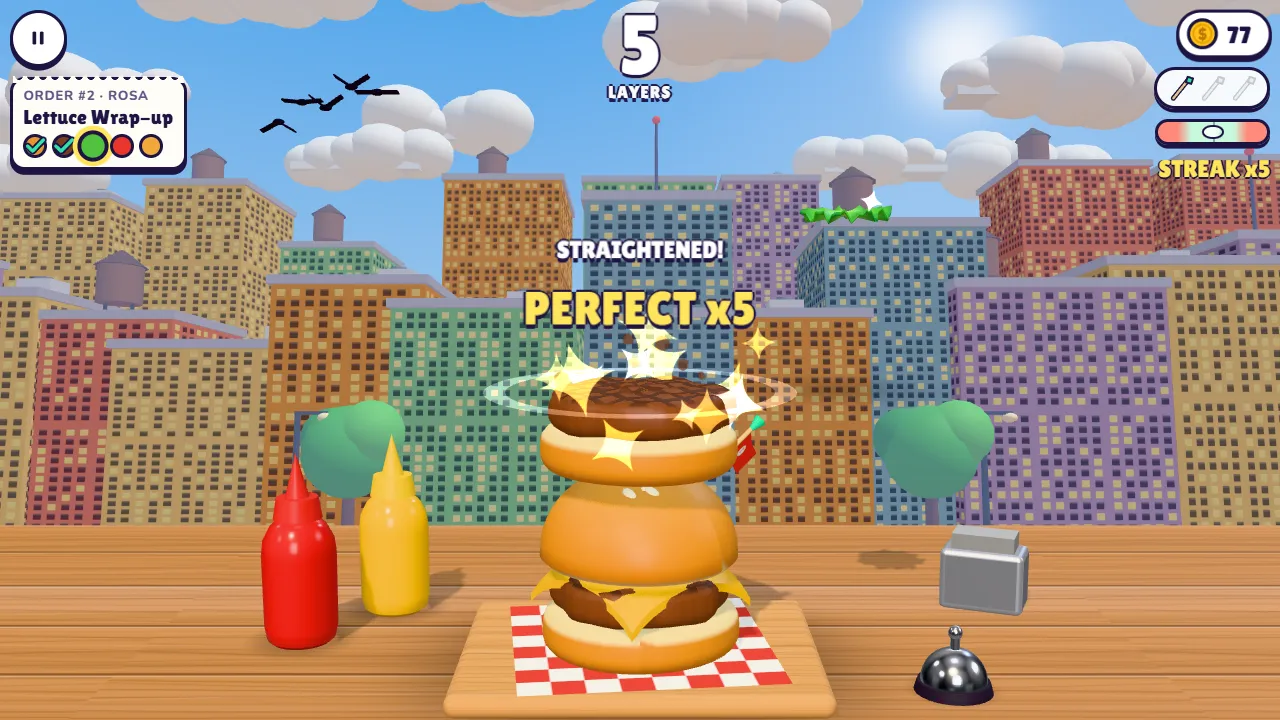 A perfect drop on a burger stack: sparkles, a shockwave ring and PERFECT x5 above the cart counter