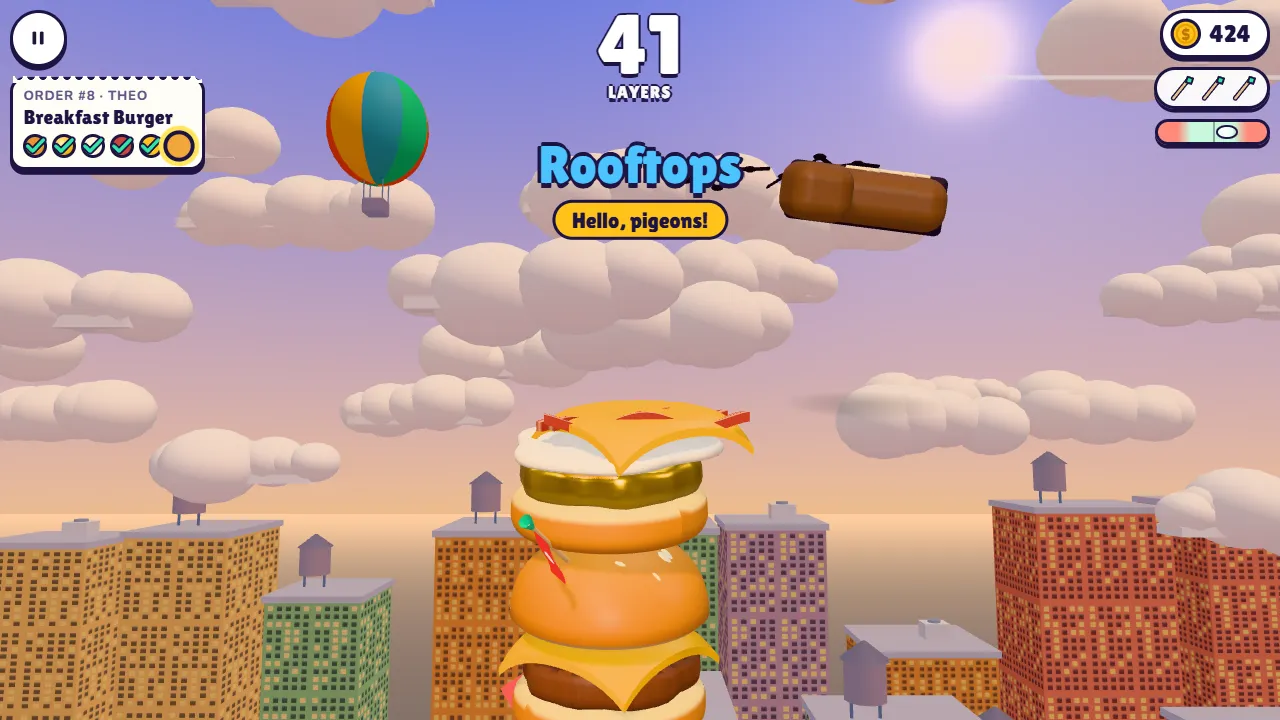 A tall burger tower reaching the rooftops at sunset, with a hot-air balloon in the sky