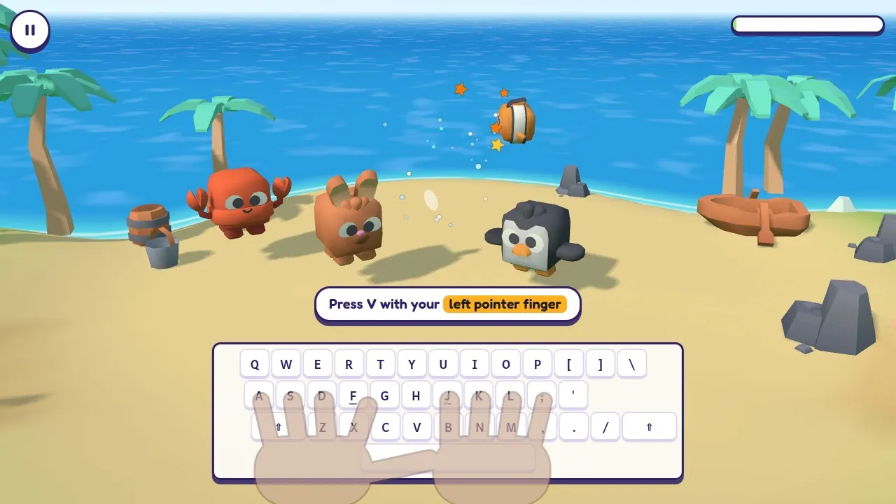 A crab, a bunny and a penguin on the sand at Splashy Beach as a little fish jumps out of the sea after a bubble pops