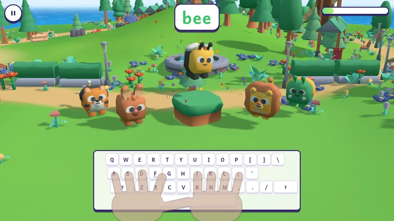 A bee dancing out of a present after a child typed the word bee in the Picture Garden