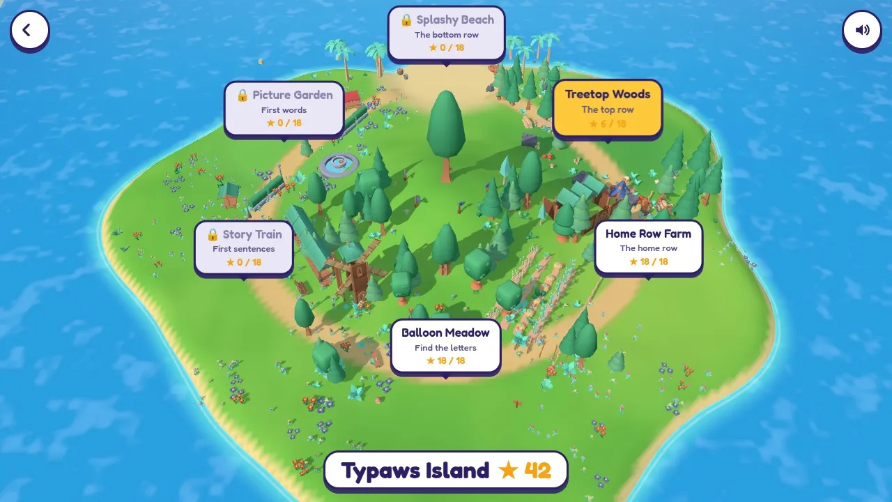 The 3D island map of Typaws with its six lands: Balloon Meadow, Home Row Farm, Treetop Woods, Splashy Beach, Picture Garden and the Story Train
