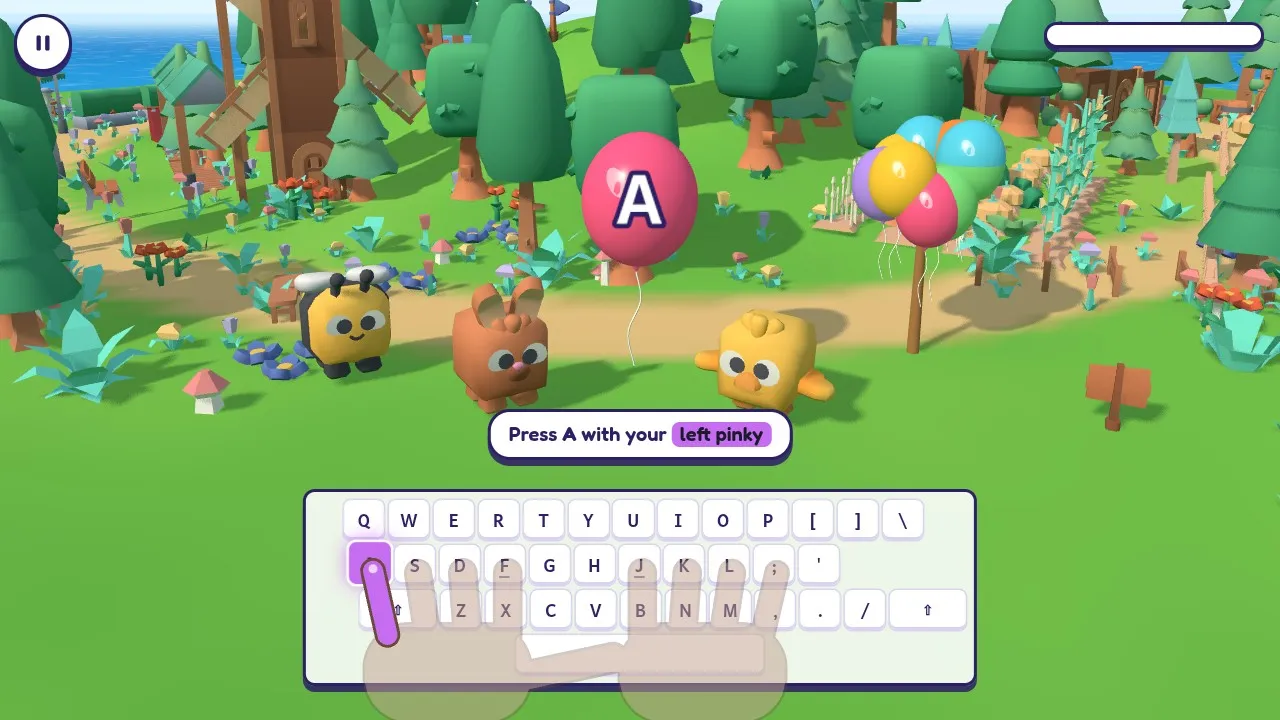 Cute animal friends and a balloon with a big letter in Balloon Meadow, with an on-screen keyboard that shows the key and the finger to use, in the typing game for kids Typaws