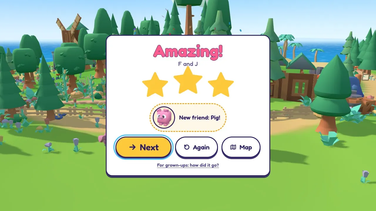 The end of a level: three stars and a new animal friend sticker, a pig, with a link to the grown-ups report
