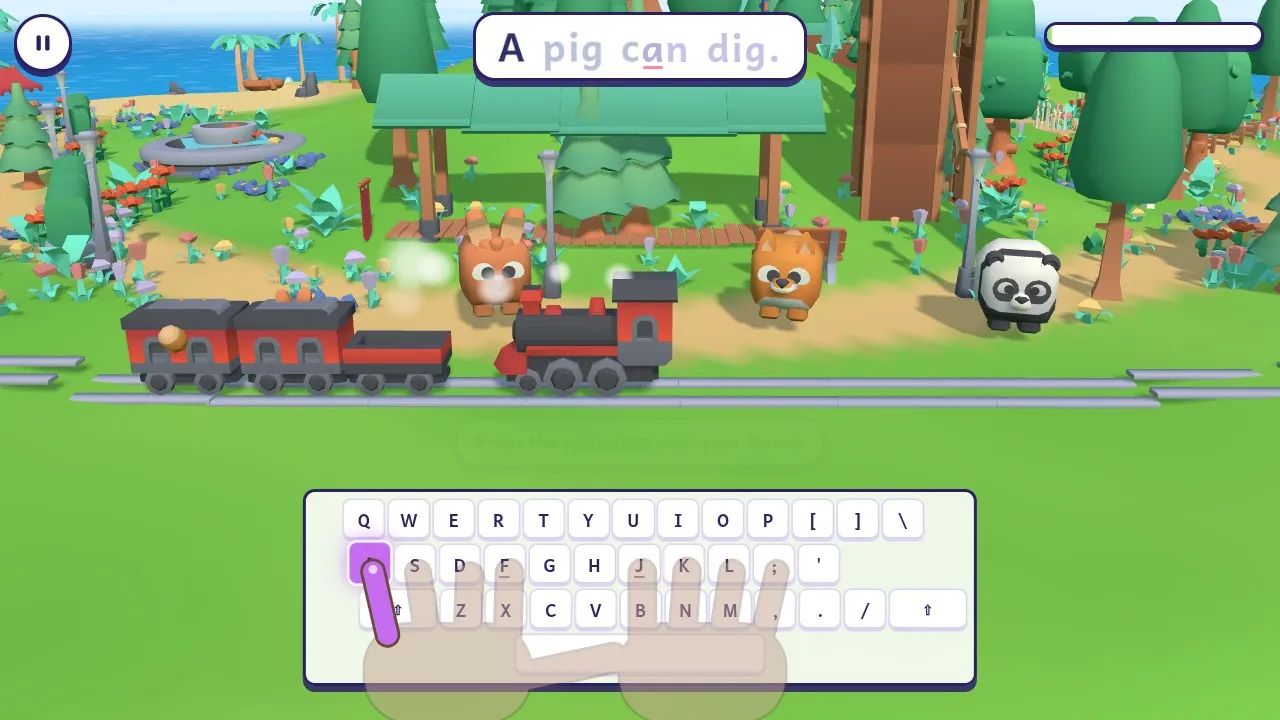 A toy train with animal passengers chugging along the track as a child types the sentence A pig can dig. on the Story Train