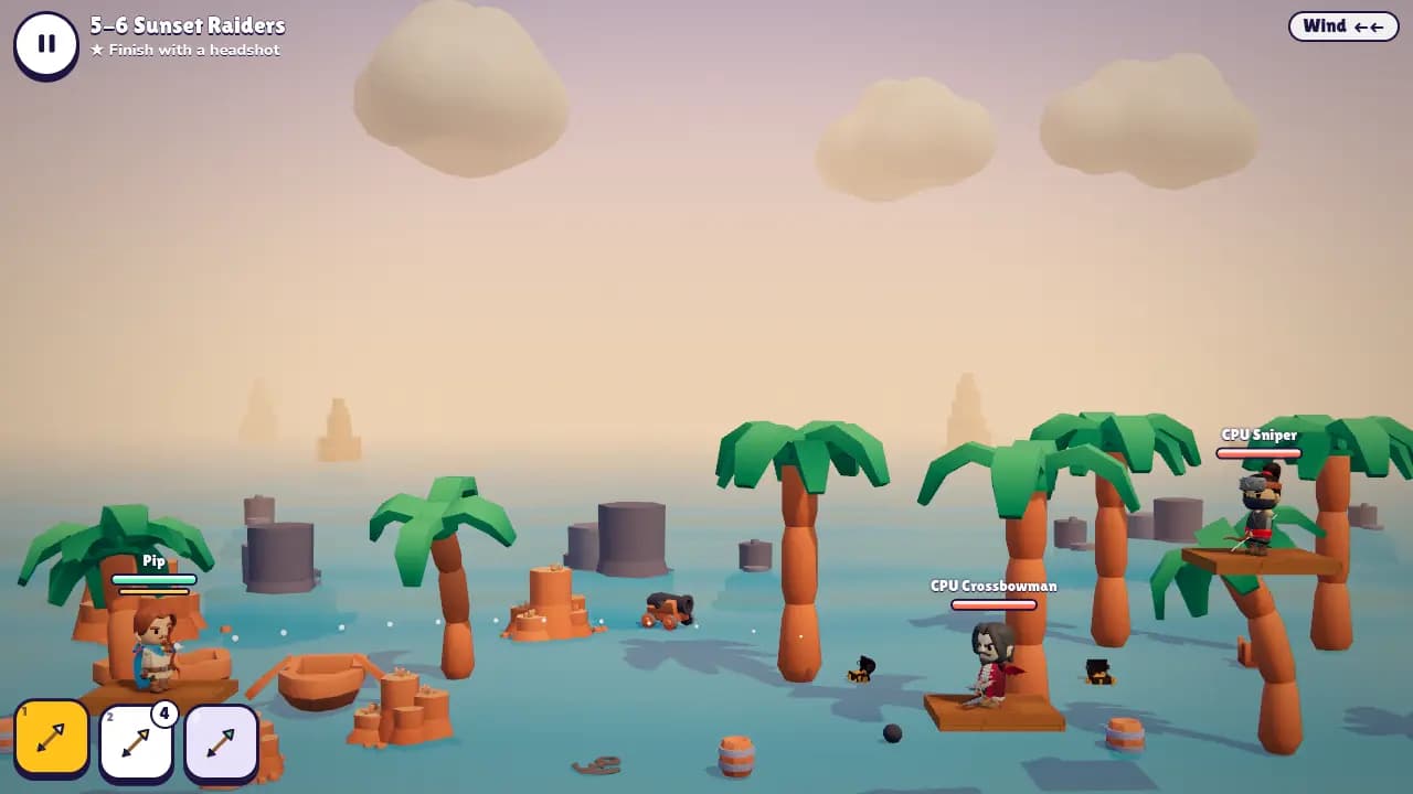 A duel between pirate archers on wooden decks above the sea in Pirate Bay, with pirate ships and palm trees