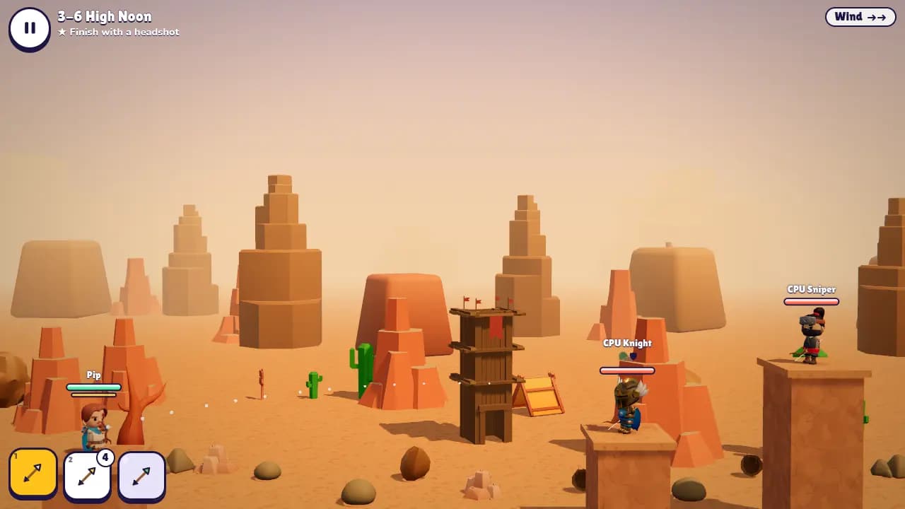 An arrow flying over a sandstone canyon toward a sniper on a high ledge, with mesas and cacti in the distance