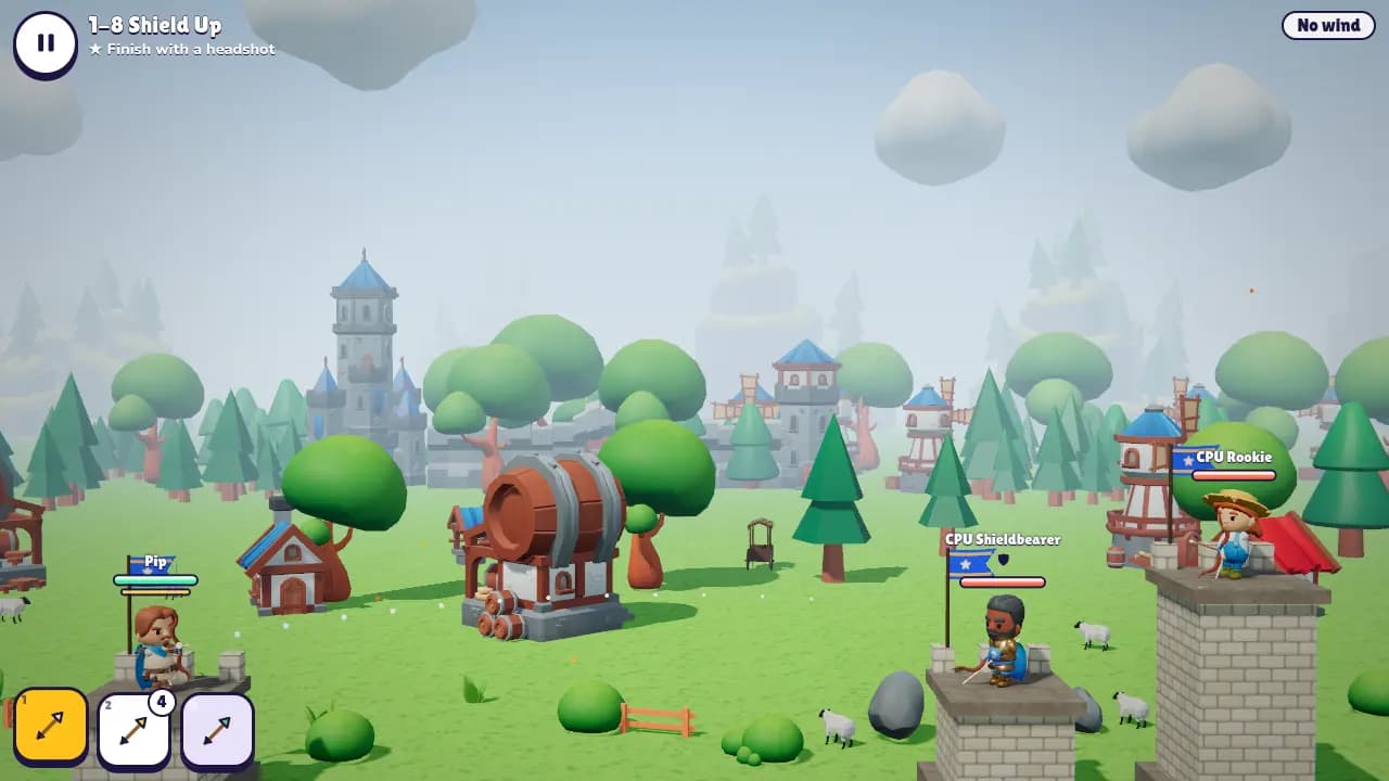 Pip the archer drawing his bow on a stone tower against a rookie archer in the Sunny Kingdom, with aim dots showing the arrow's path, in the free ragdoll archery game Wobblebow