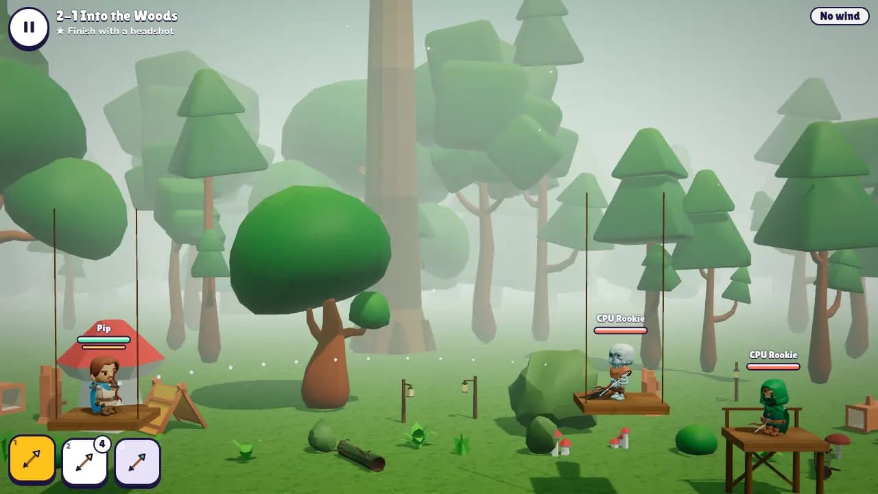 Two archers on wooden tree platforms in the foggy Whispering Woods, with giant trees and mushrooms behind them