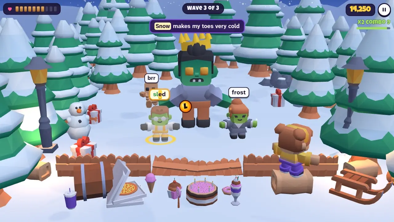 The Zombie King on Frosty Hill with his sentence to type shown at the top of the screen