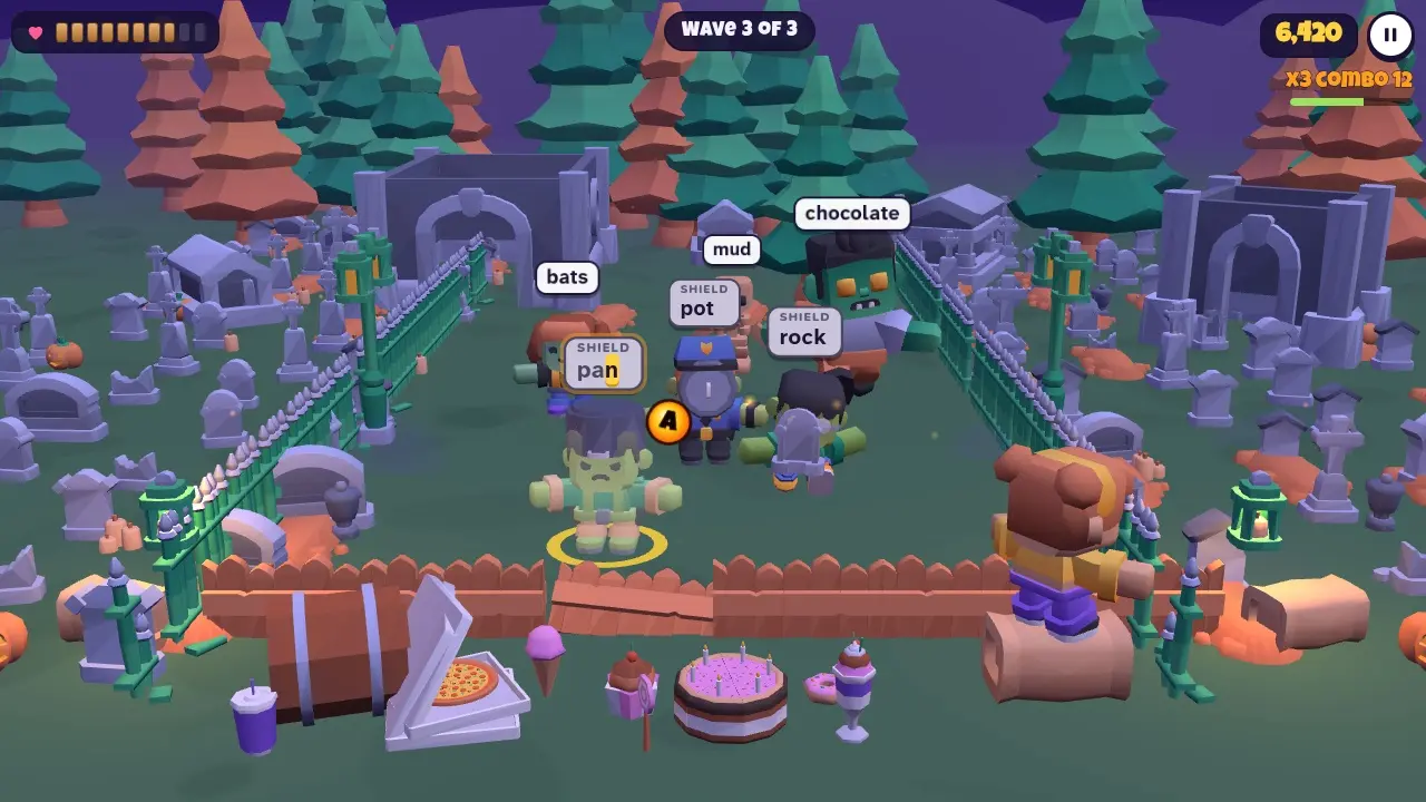Shield zombies with a pot lid, a pot helmet and a gravestone in the Moonlit Graveyard, with a x3 combo
