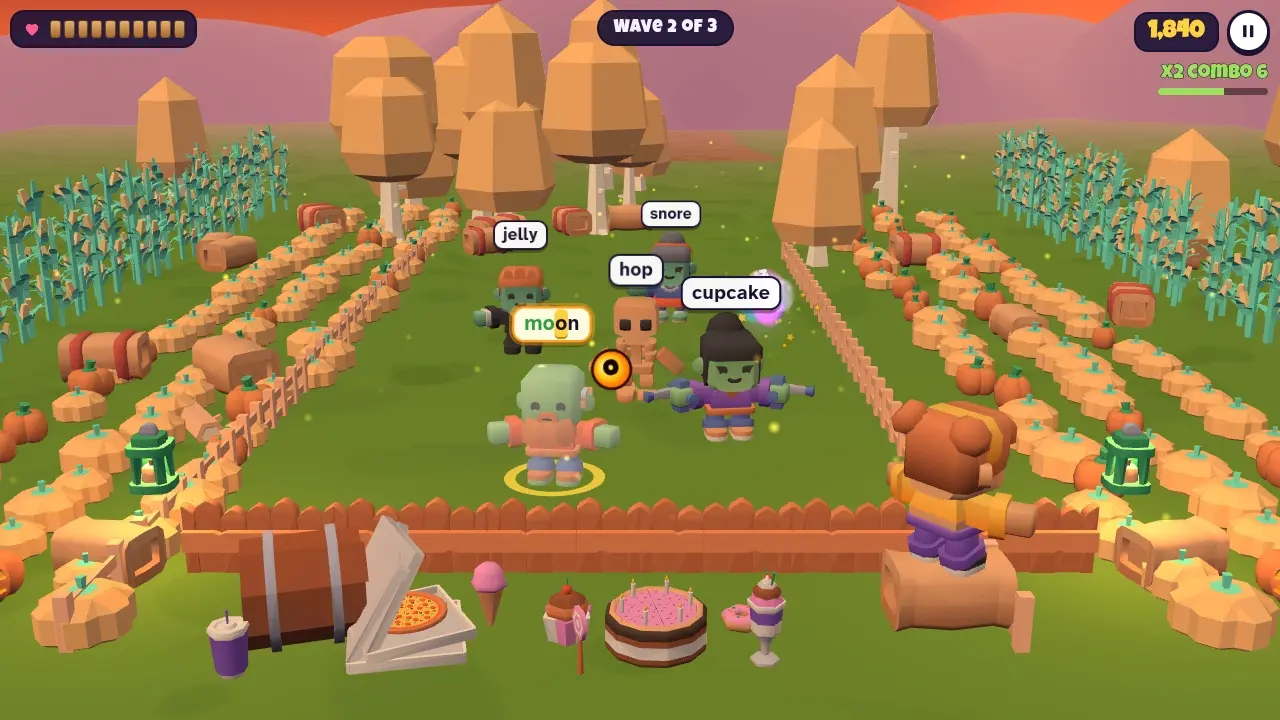 Cartoon zombies walking through a pumpkin patch at sunset toward a fence, each with a word over its head, in the zombie typing game Zombabble