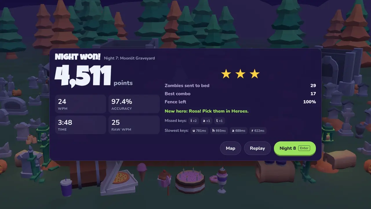 Battle results: points, words per minute, accuracy, three stars and the keys that slowed the player down