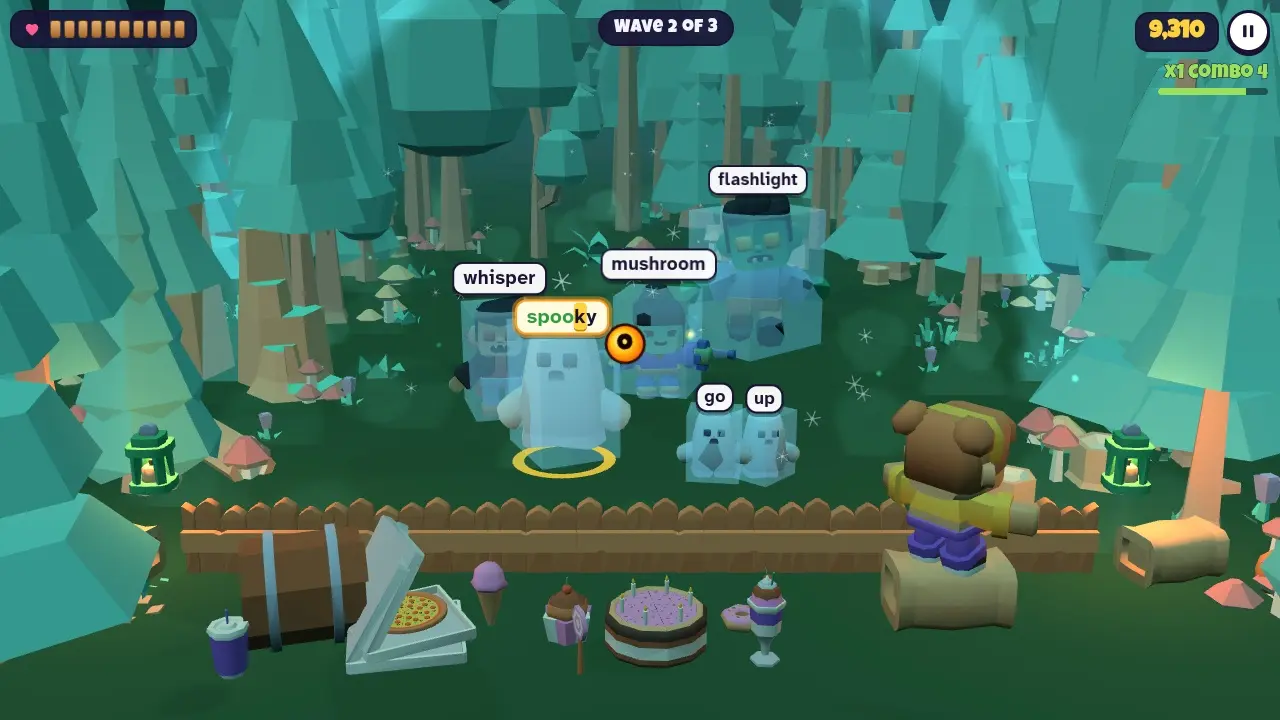 Frozen zombies and tiny ghosts in the foggy Whispering Woods after a freeze power-up