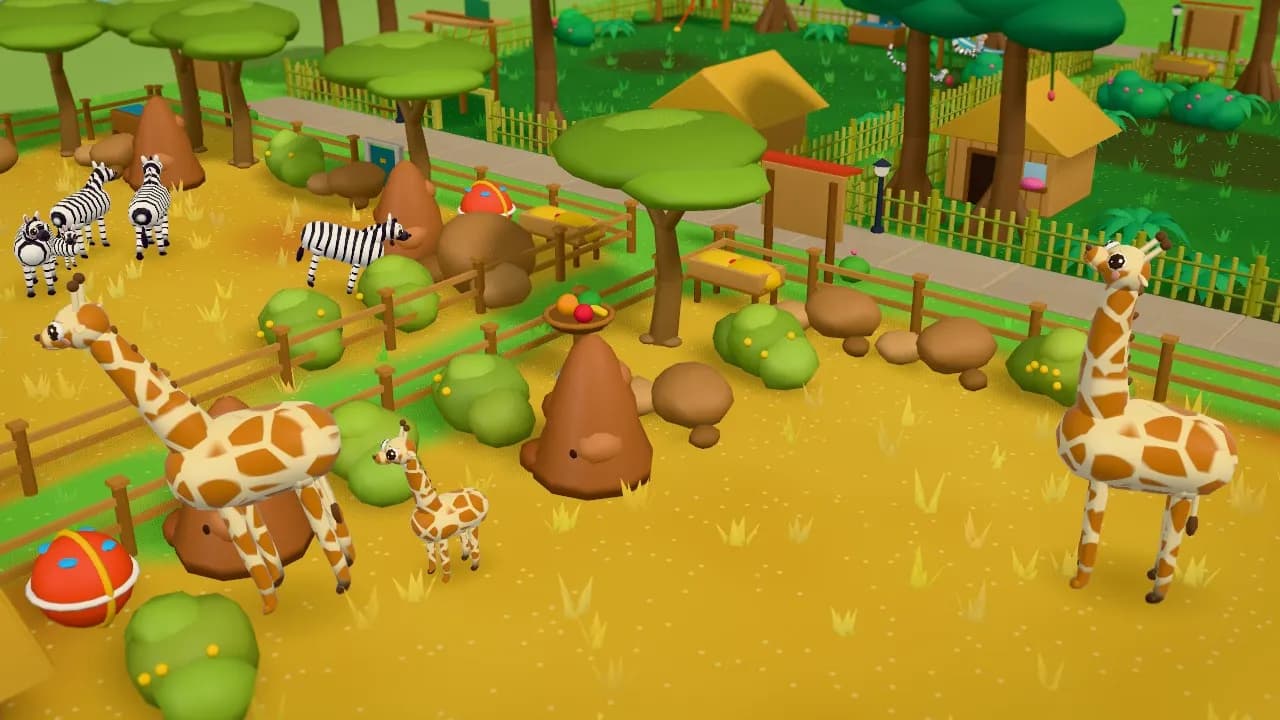 A baby giraffe beside its mother in the free zoo game Zoolionaire, with zebras grazing nearby