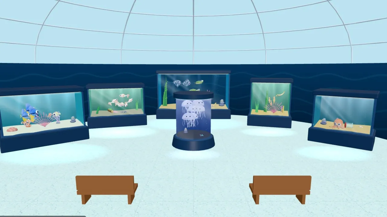 Inside the Ocean Dome in Zoolionaire: glass tanks with reef fish, seahorses and a glowing jellyfish column