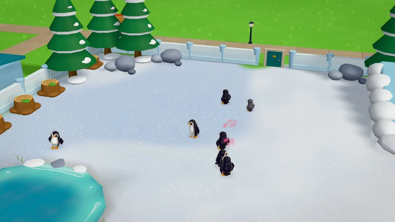 Penguins waddling across a snowy habitat with an icy pool and snowy pines in Zoolionaire
