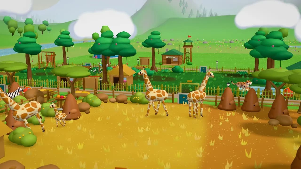 Giraffes and zebras in a golden savanna habitat in Zoolionaire, with termite mounds, acacia trees and a jungle behind